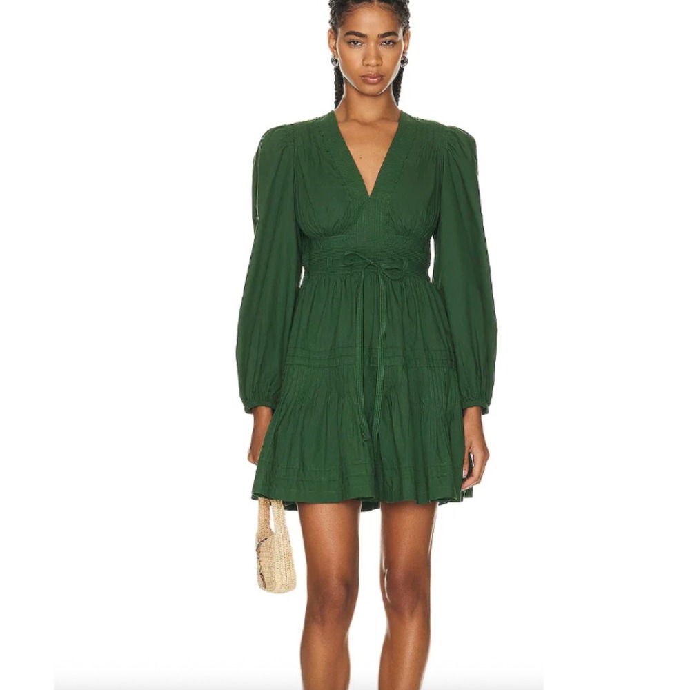 Ulla Johnson Green Rosalind Dress Cotton Tiered Pleated Long Sleeve Dress Size 2